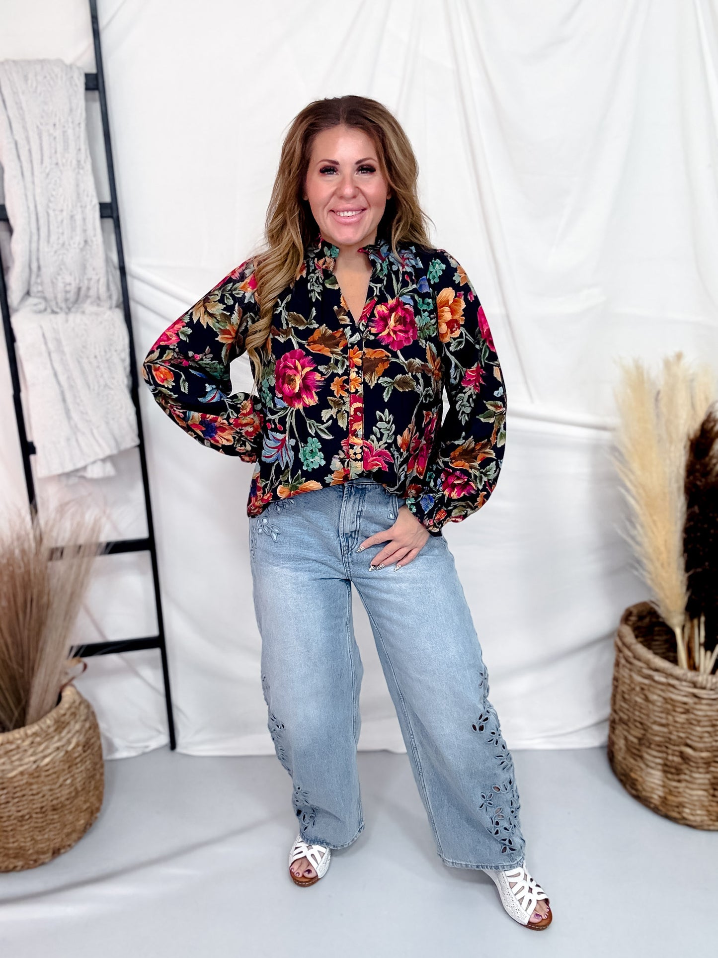 Navy Blue Vintage Inspired Floral Print Button Front Top