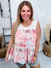 Pink Floral Print Babydoll Tank Top With Lace Accents