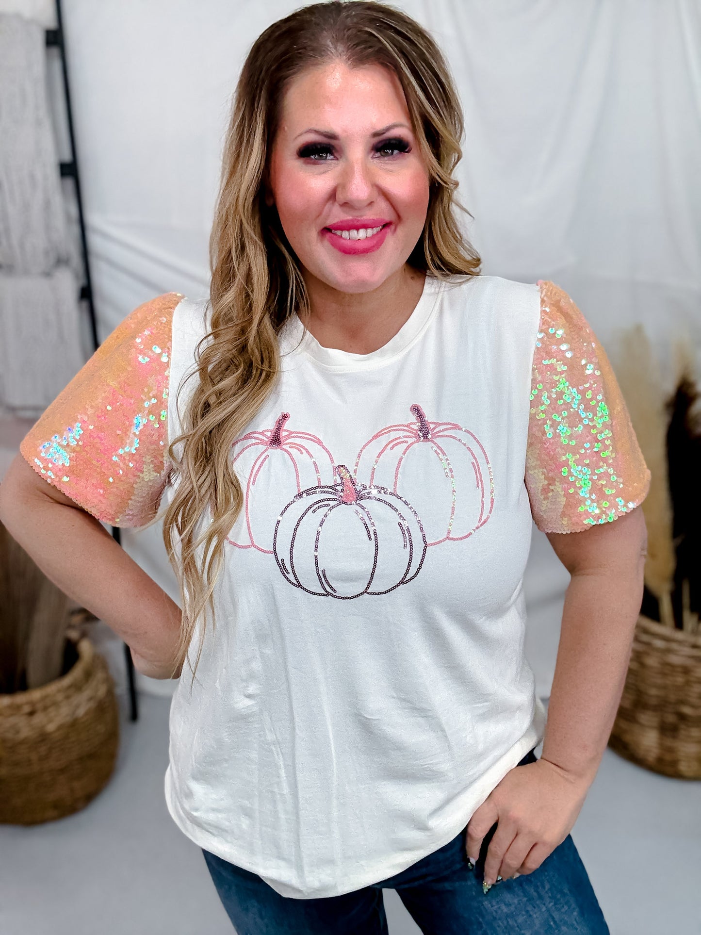 Short Sequin Sleeve Top W/ Sequin Pumpkin Design