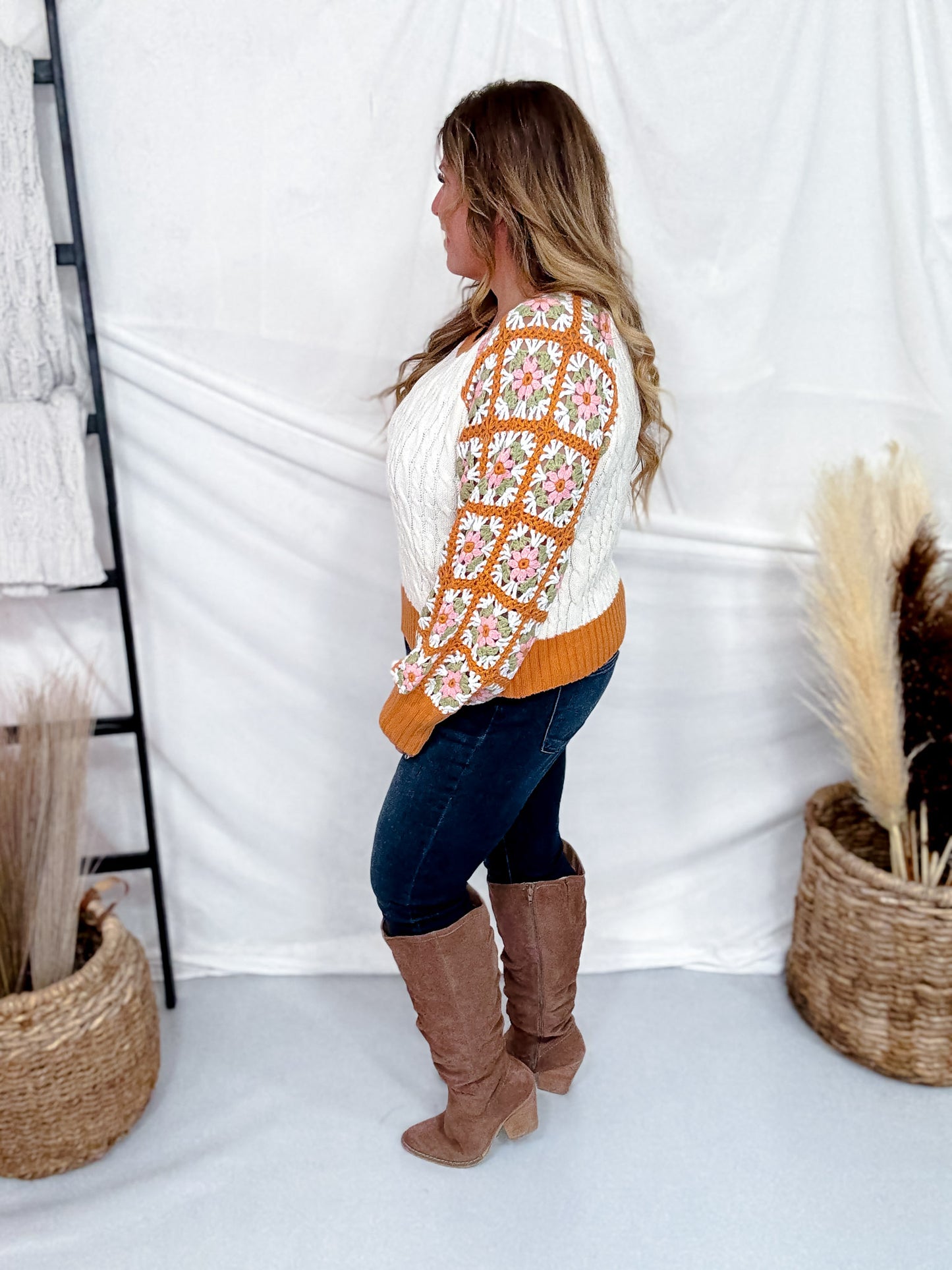 Orange Cream Cable Knit Sweater With Crochet Sleeves