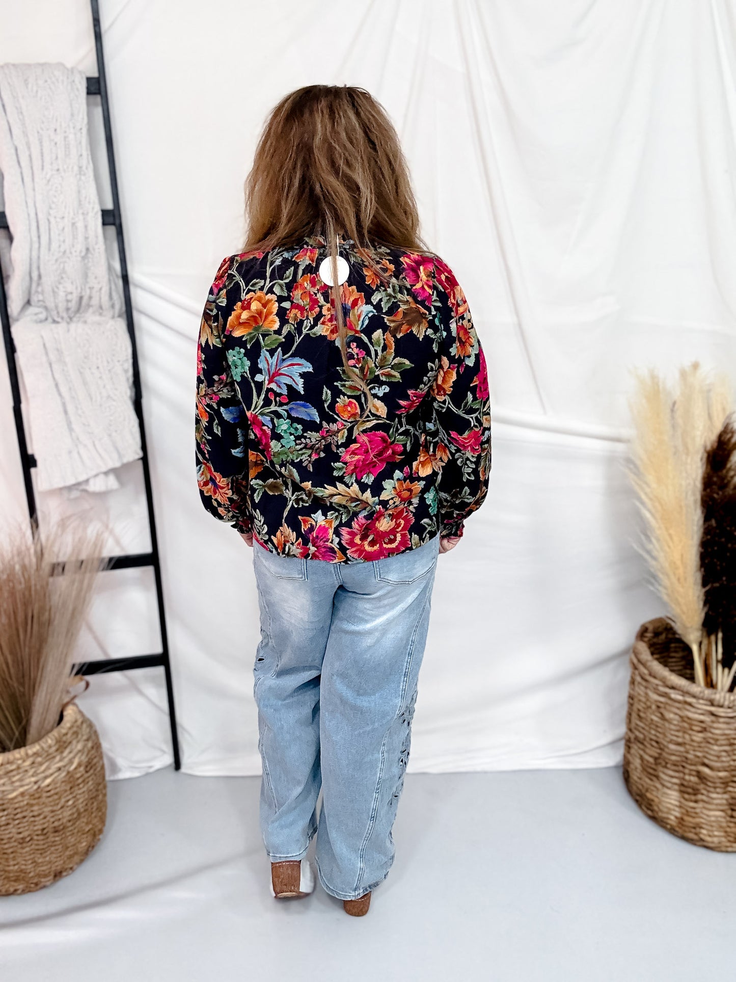Navy Blue Vintage Inspired Floral Print Button Front Top