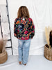 Navy Blue Vintage Inspired Floral Print Button Front Top