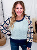Navy & Aqua Cable Knit Sweater With Crochet Sleeves