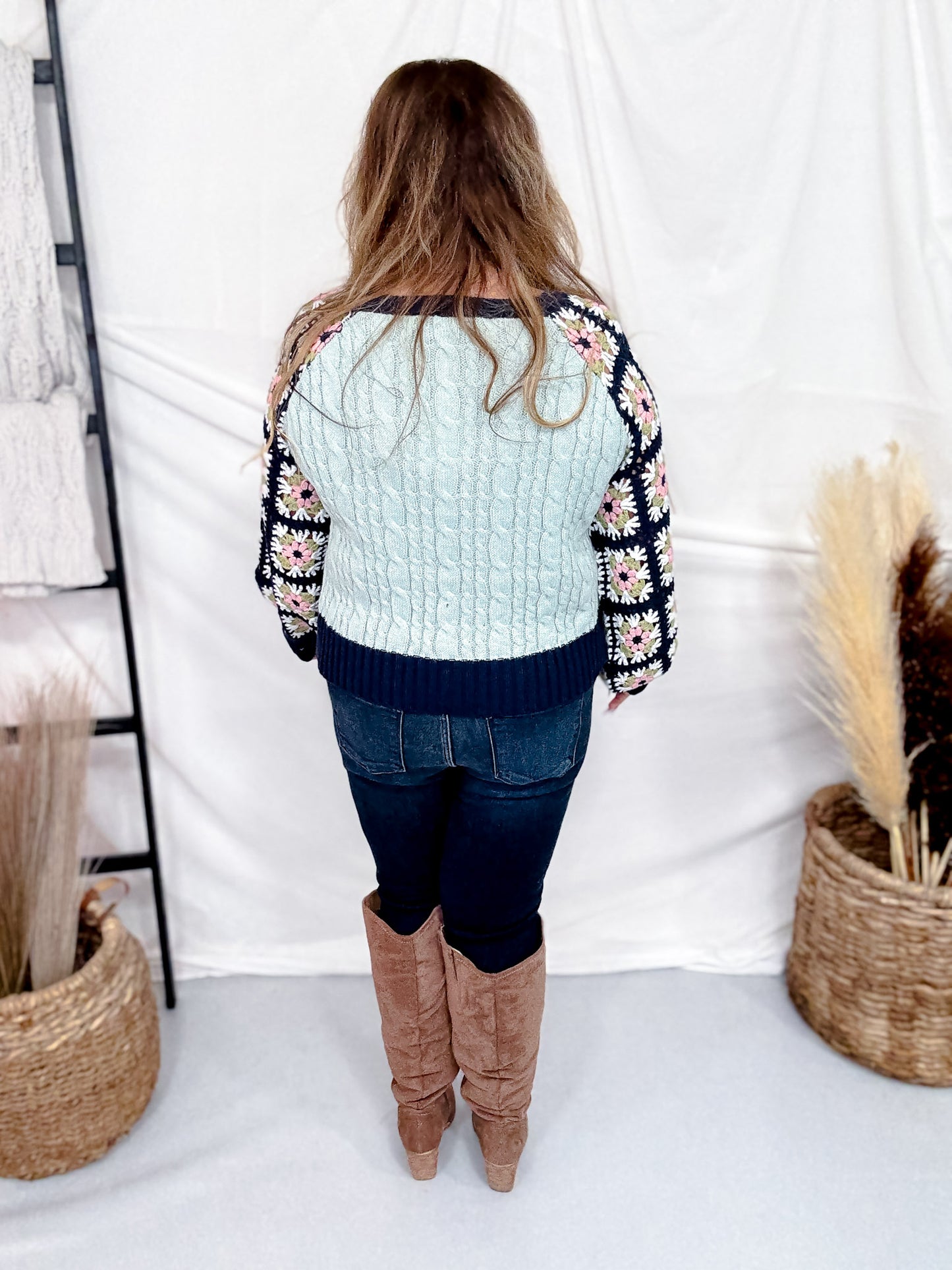 Navy & Aqua Cable Knit Sweater With Crochet Sleeves