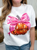 Sequin Pumpkin Pink Bow Graphic T-Shirt