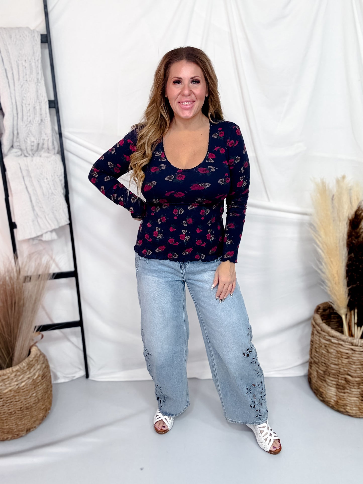 Long Sleeve Floral Print Top With Smocked Waist