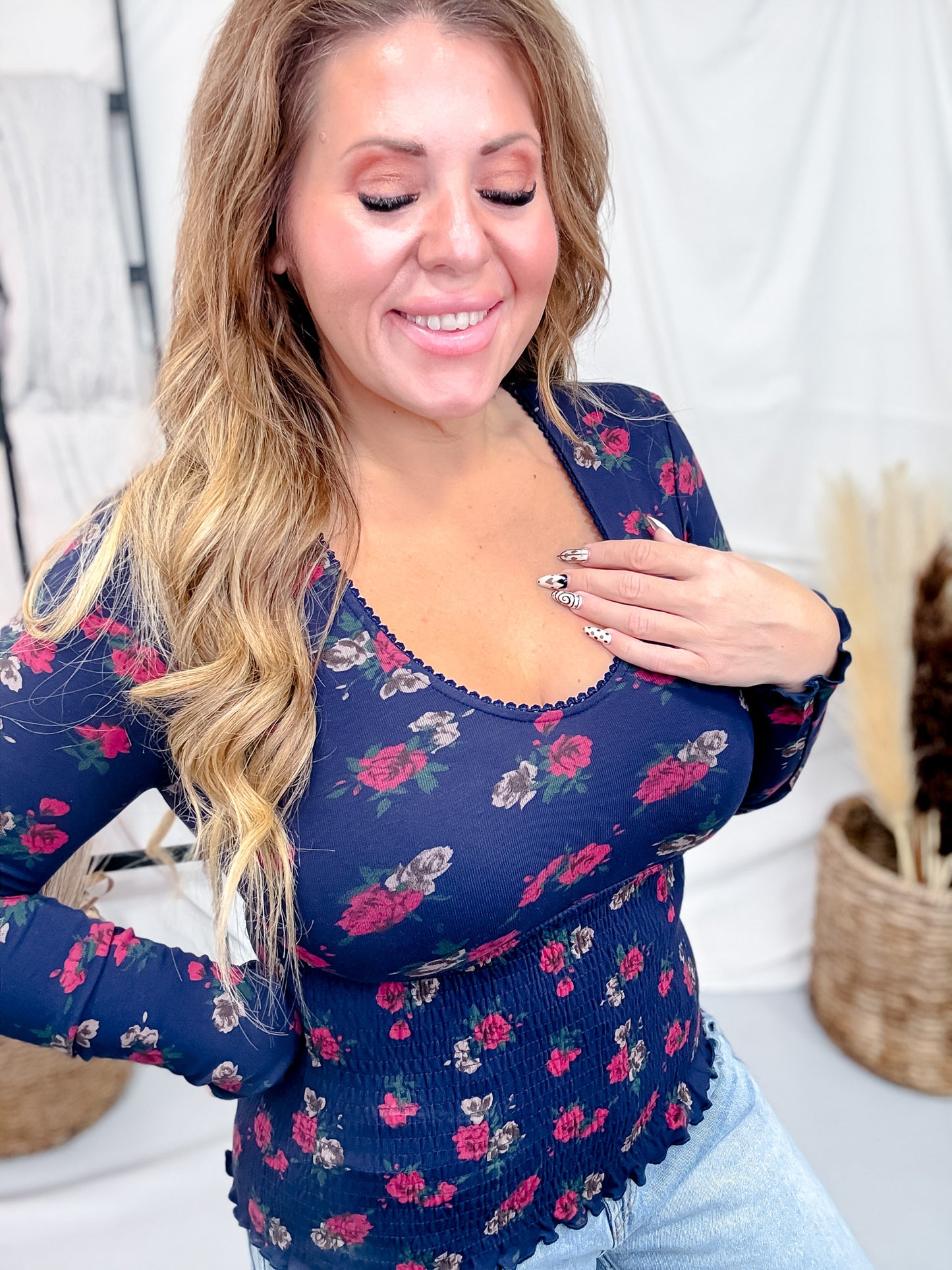 Long Sleeve Floral Print Top With Smocked Waist