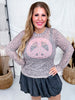 Long Sleeve Leopard Printed Mesh Peace Sign Print Top W/ Studding