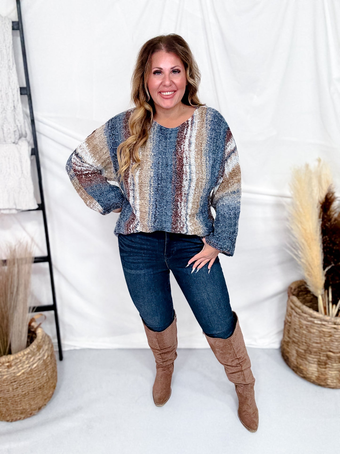 Vertical Striped Boat Neck Sweater In Navy