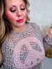 Long Sleeve Leopard Printed Mesh Peace Sign Print Top W/ Studding