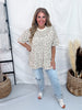 Taupe Leopard Print Short Sleeve Top With Iridescent Rhinestones