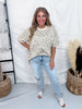 Taupe Leopard Print Short Sleeve Top With Iridescent Rhinestones
