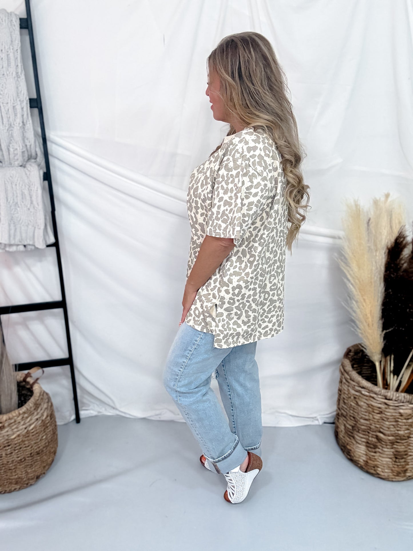 Taupe Leopard Print Short Sleeve Top With Iridescent Rhinestones
