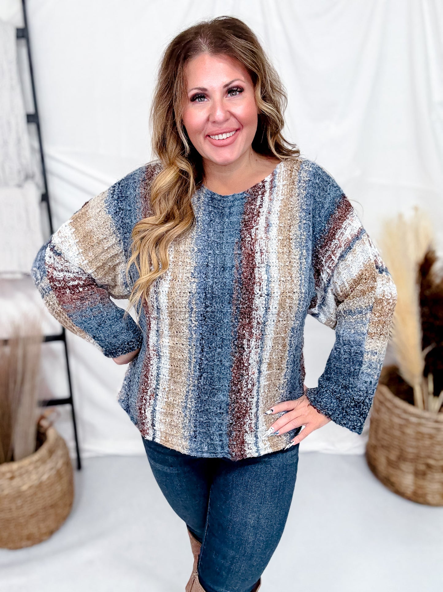 Vertical Striped Boat Neck Sweater In Navy