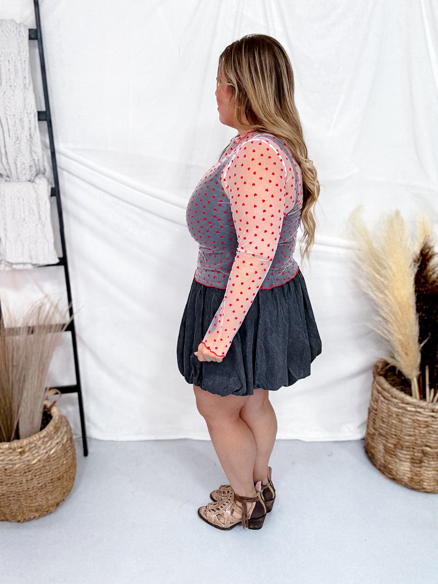 Red & White Mesh Heart Long Sleeve Layering Top