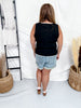 Black Square Neck Solid Knit Tank Top With White Border Hem