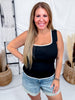 Black Square Neck Solid Knit Tank Top With White Border Hem