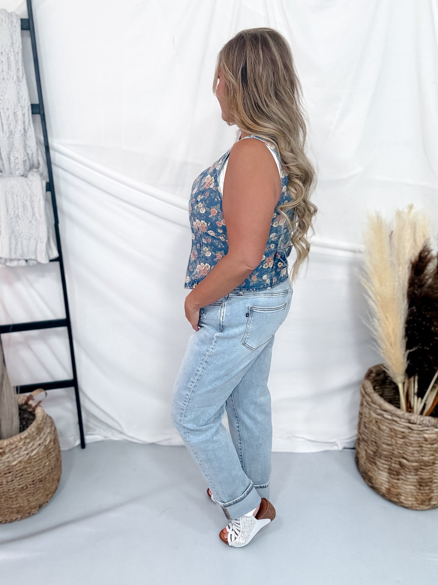 Ditzy Floral Print Button Front Denim Vest