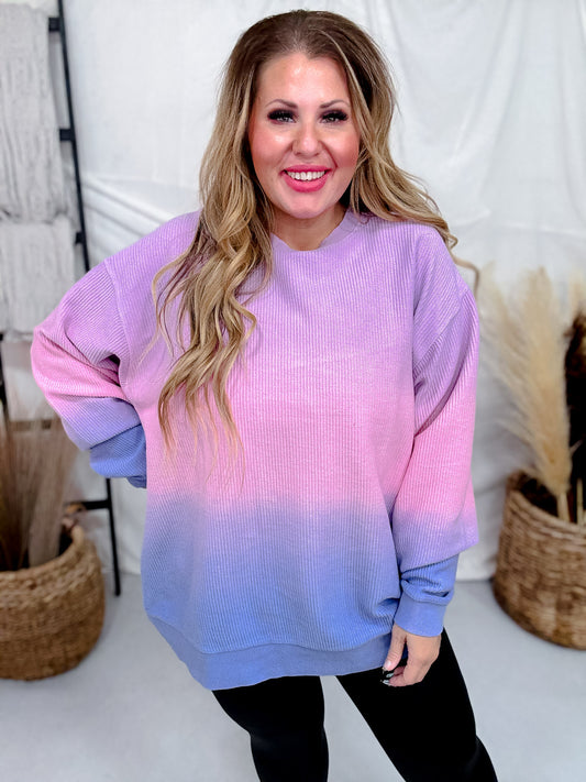 Purple, Pink, & Blue Cotton Candy Dip Dyed Corded Crew Sweatshirt