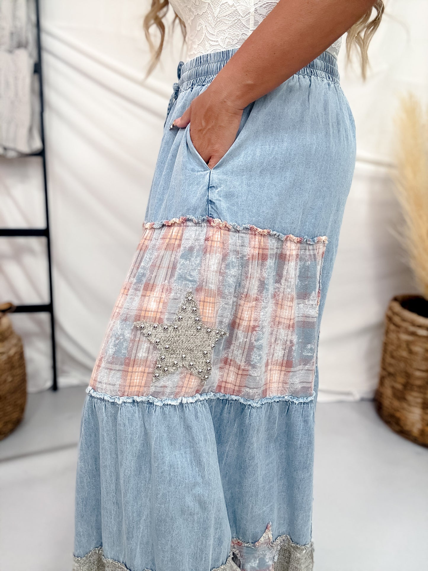 Studded Patchwork Chambray Wide Leg Pants W/ Elastic Waist