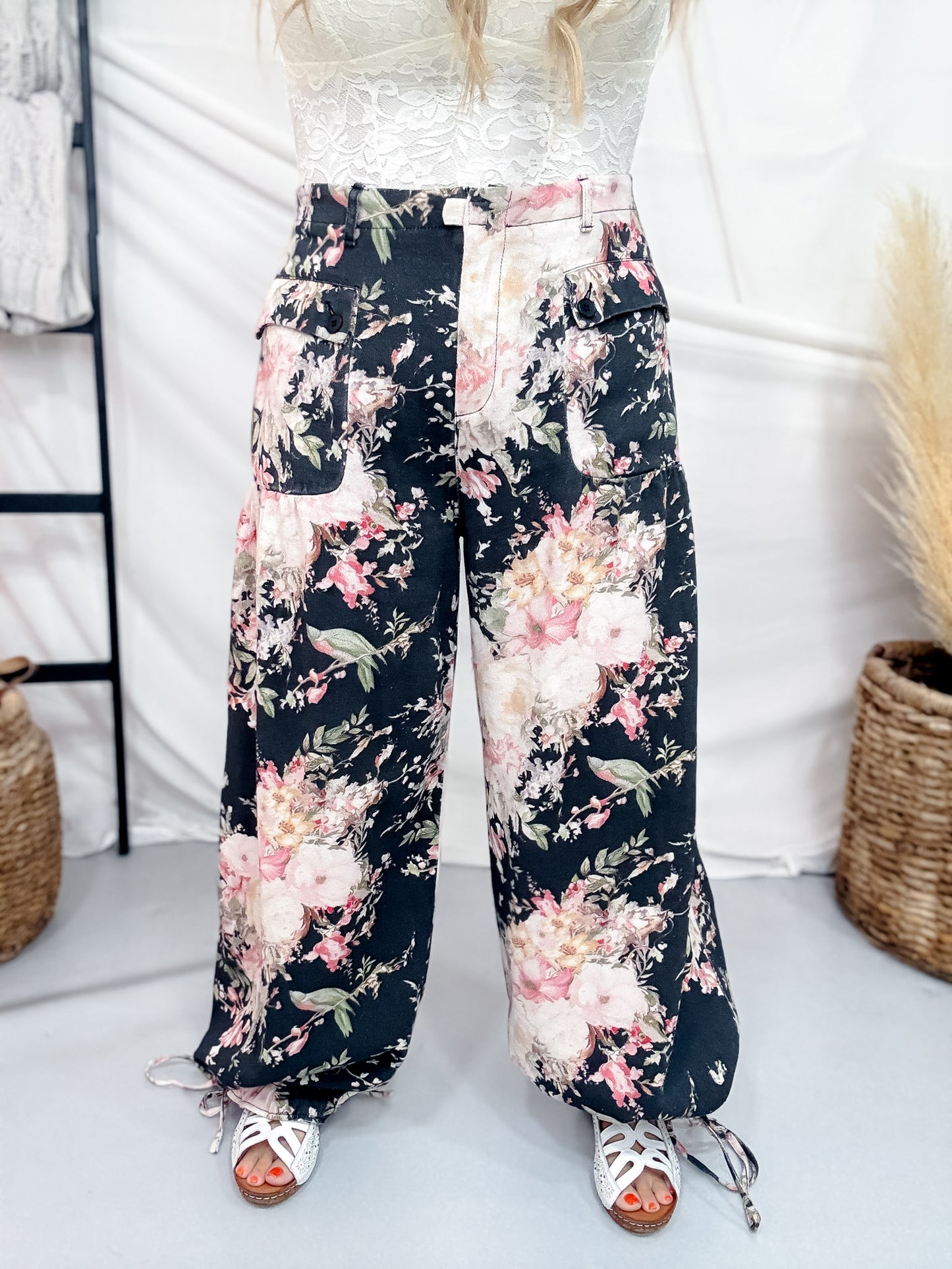 Black Denim Wide Leg Pants With Floral Print