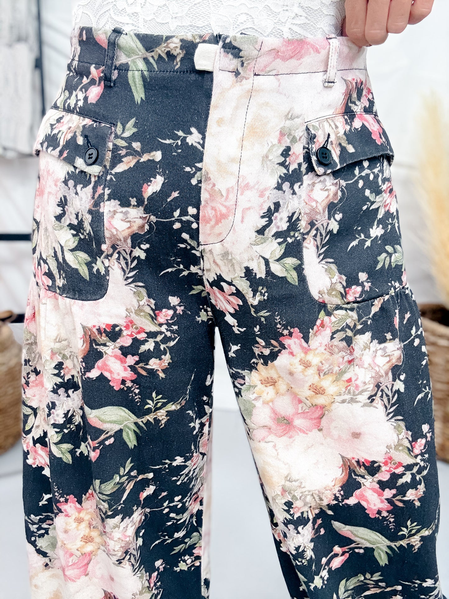 Black Denim Wide Leg Pants With Floral Print