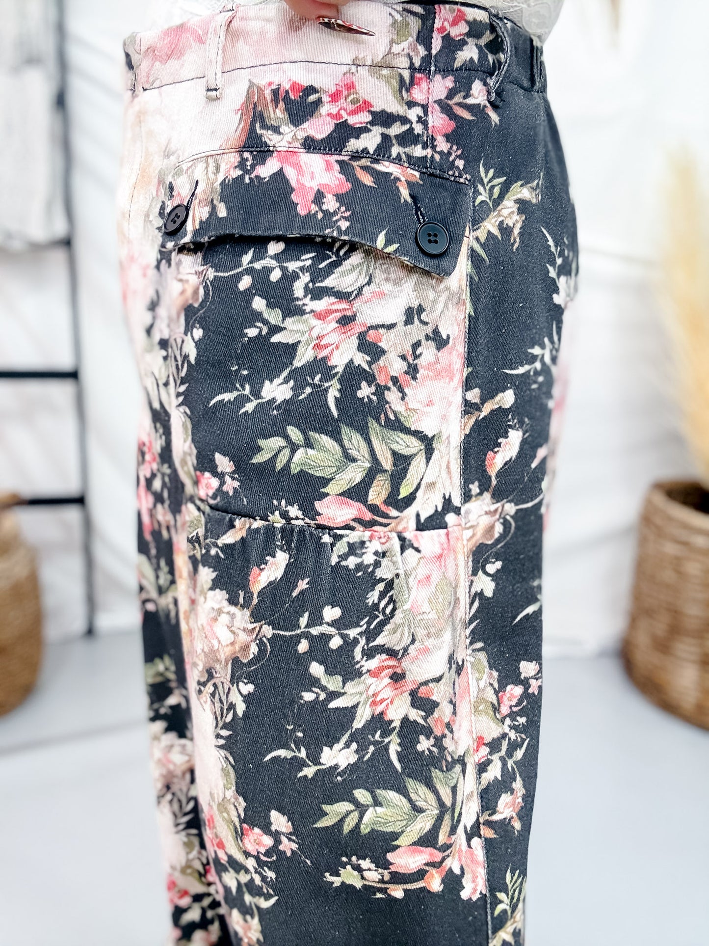Black Denim Wide Leg Pants With Floral Print
