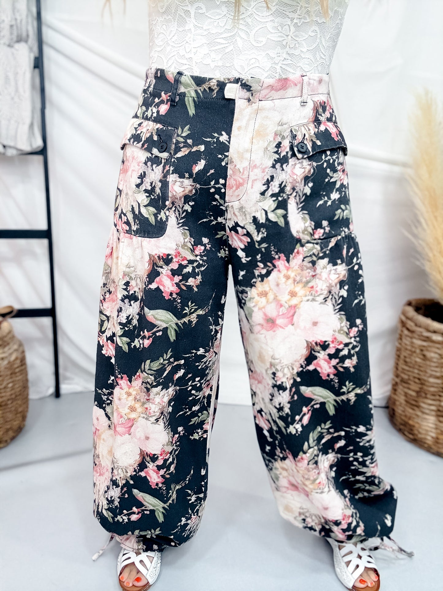 Black Denim Wide Leg Pants With Floral Print