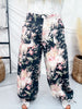 Black Denim Wide Leg Pants With Floral Print