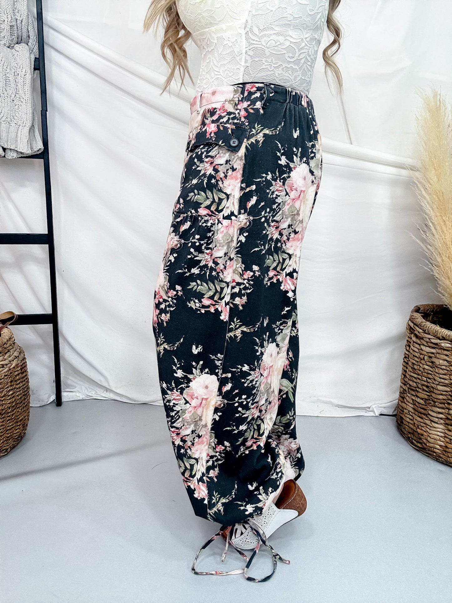 Black Denim Wide Leg Pants With Floral Print