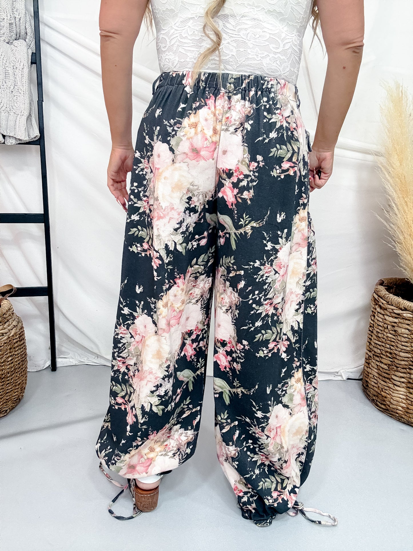 Black Denim Wide Leg Pants With Floral Print