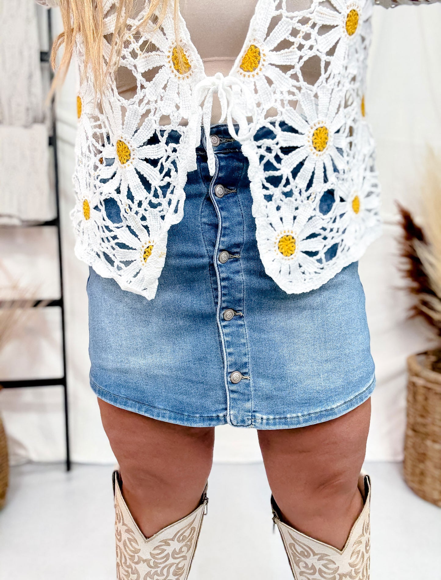 Southern Grace Mid Wash Denim Skort W/ Front Buttons