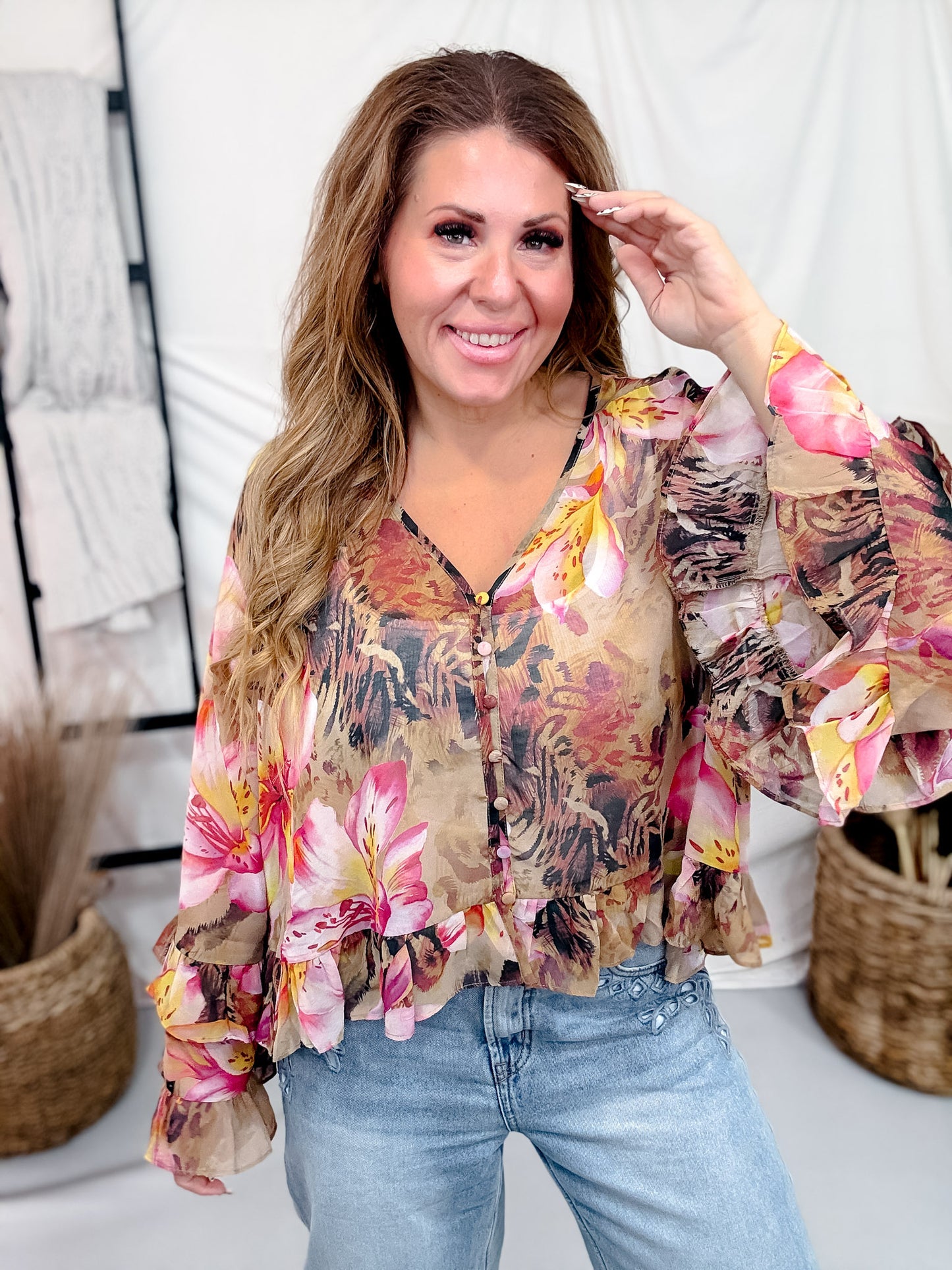 Button Front Floral Leopard Print Blouse
