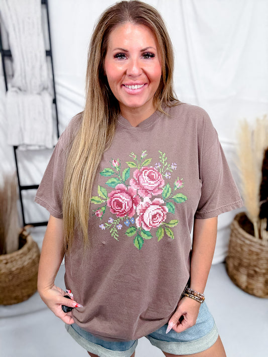 Cross Stitched Roses Graphic Tee In Espresso Brown