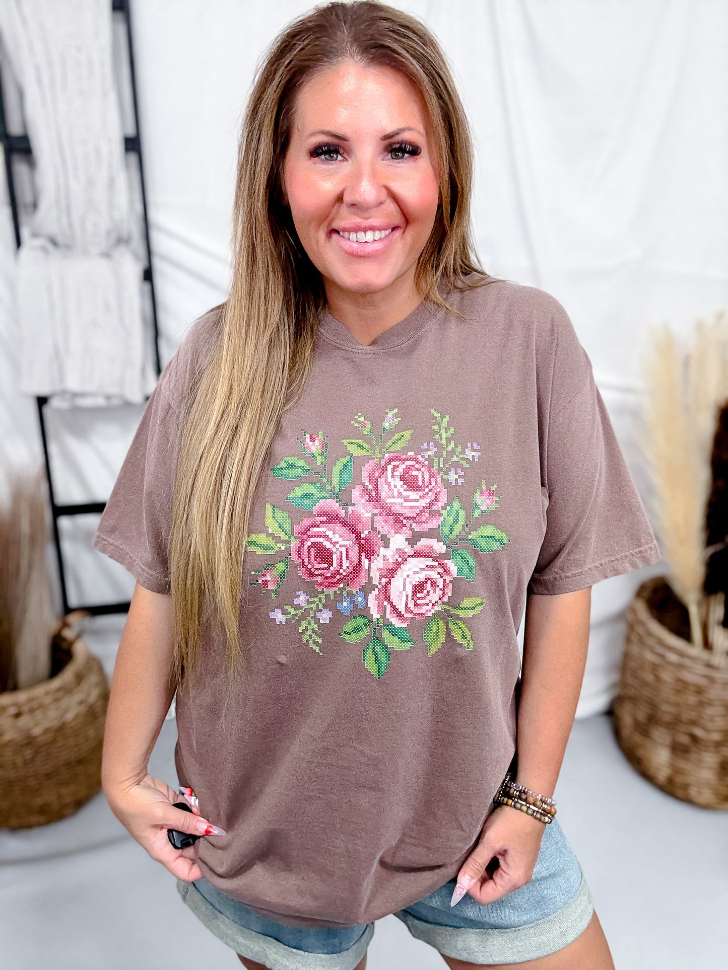 Cross Stitched Roses Graphic Tee In Espresso Brown FINAL SALE