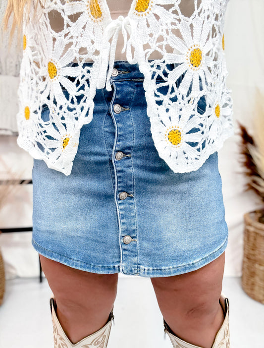 Southern Grace Mid Wash Denim Skort W/ Front Buttons