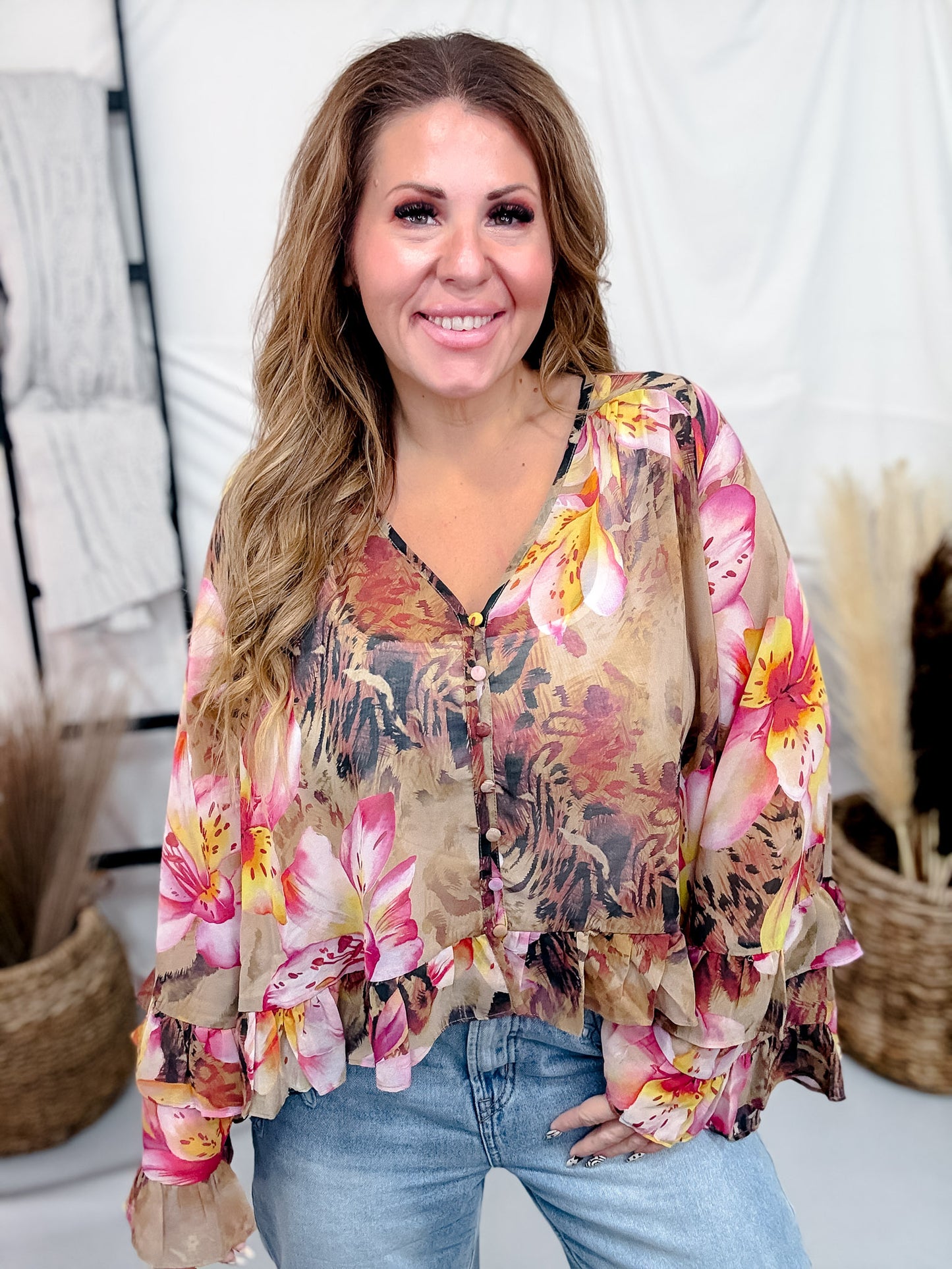 Button Front Floral Leopard Print Blouse