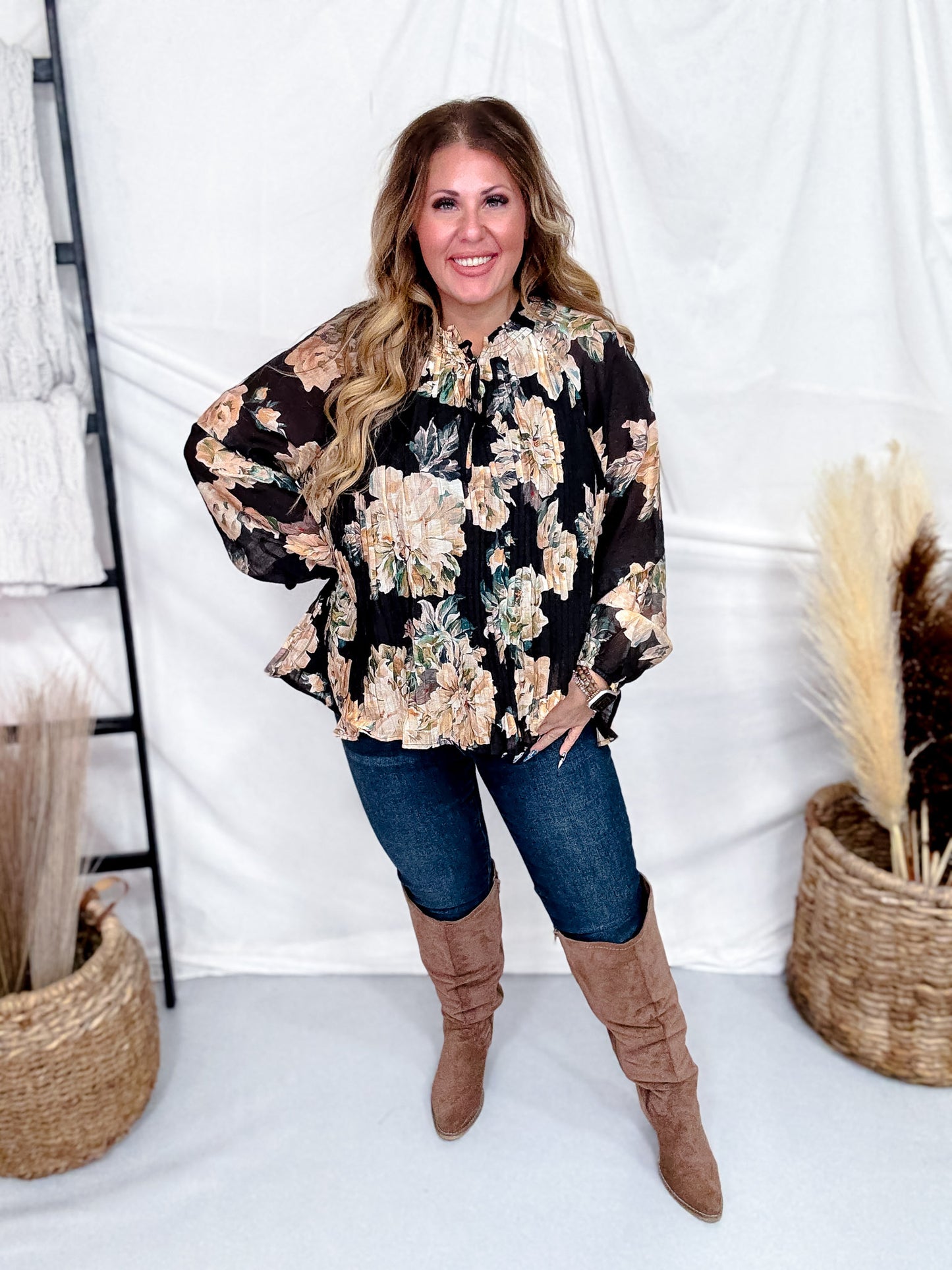 Black Pleated Floral Tie Neck Blouse