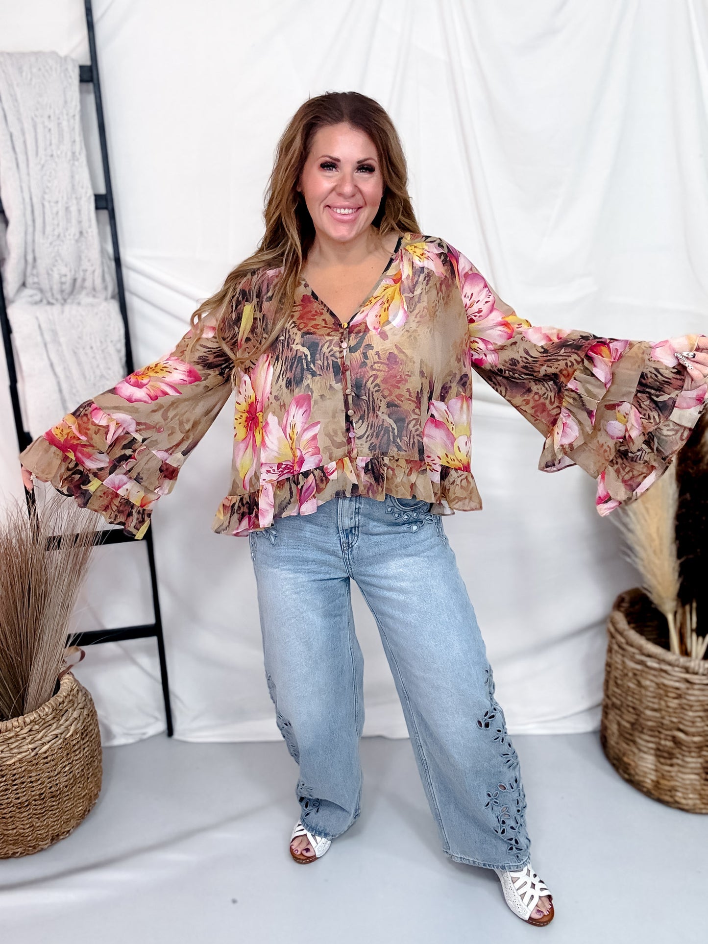 Button Front Floral Leopard Print Blouse