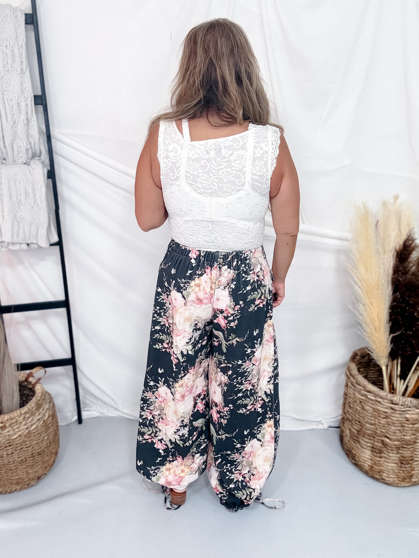 Black Denim Wide Leg Pants With Floral Print