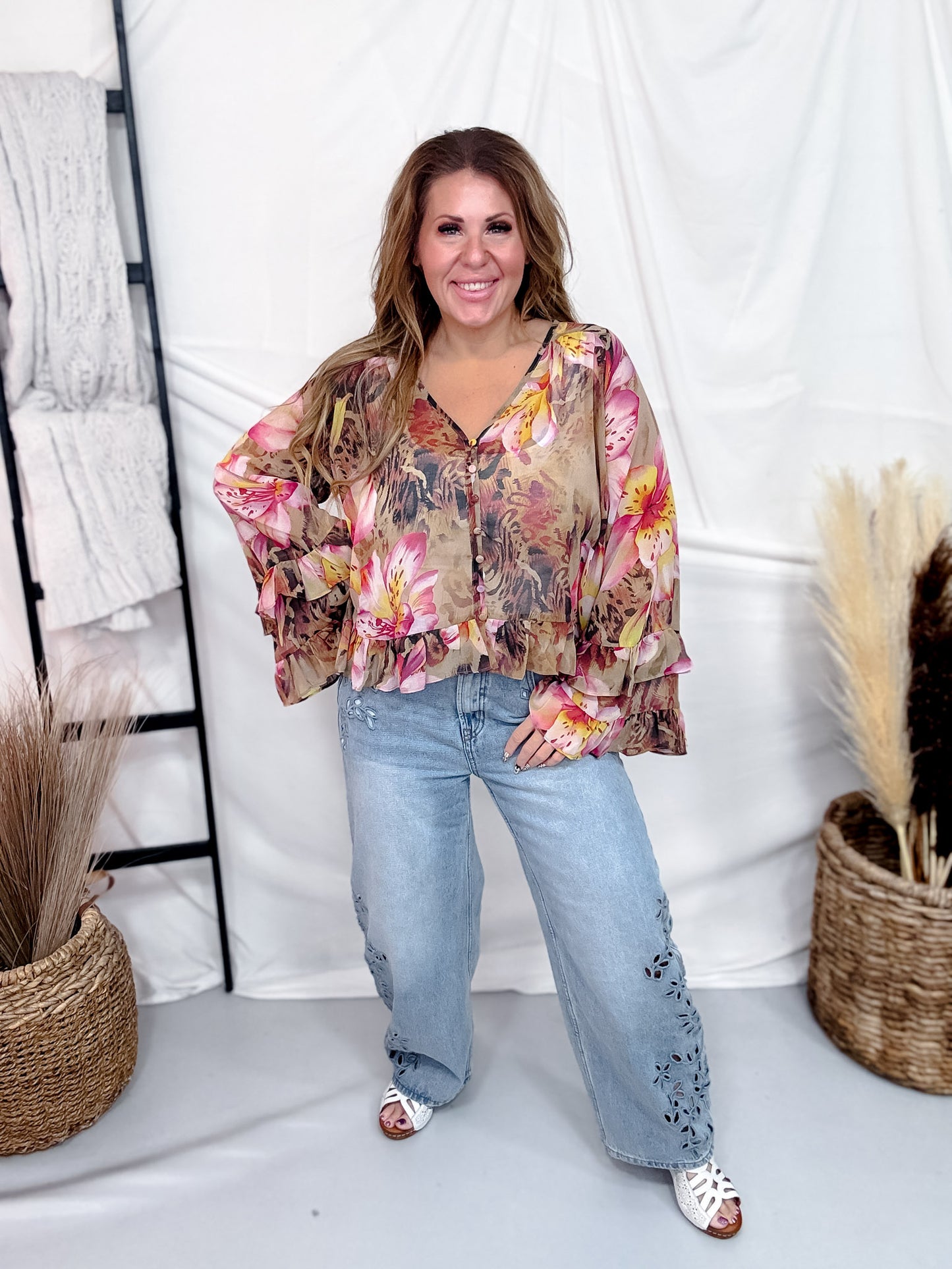 Button Front Floral Leopard Print Blouse