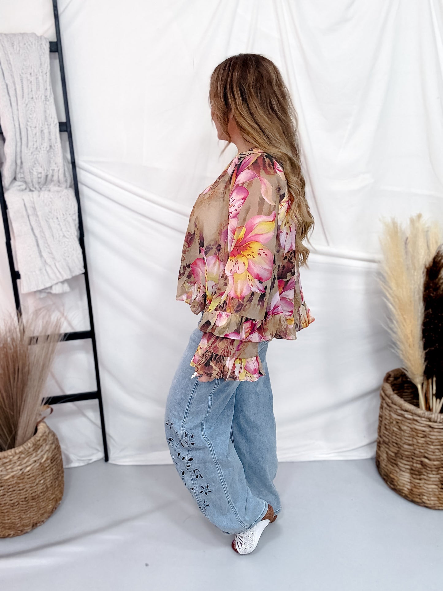 Button Front Floral Leopard Print Blouse