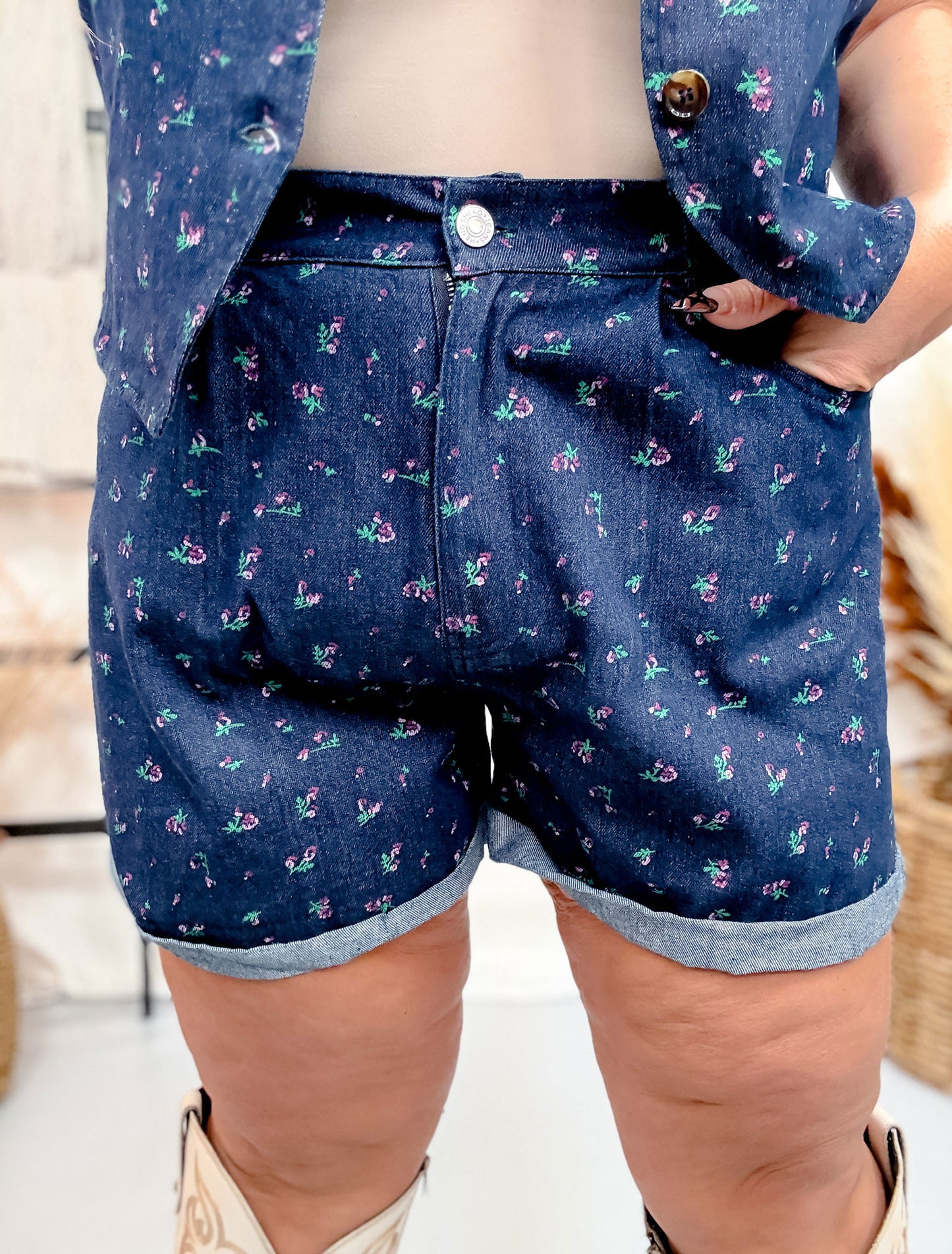 Floral Denim Cuffed Shorts With Pleats