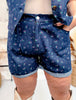 Floral Denim Cuffed Shorts With Pleats