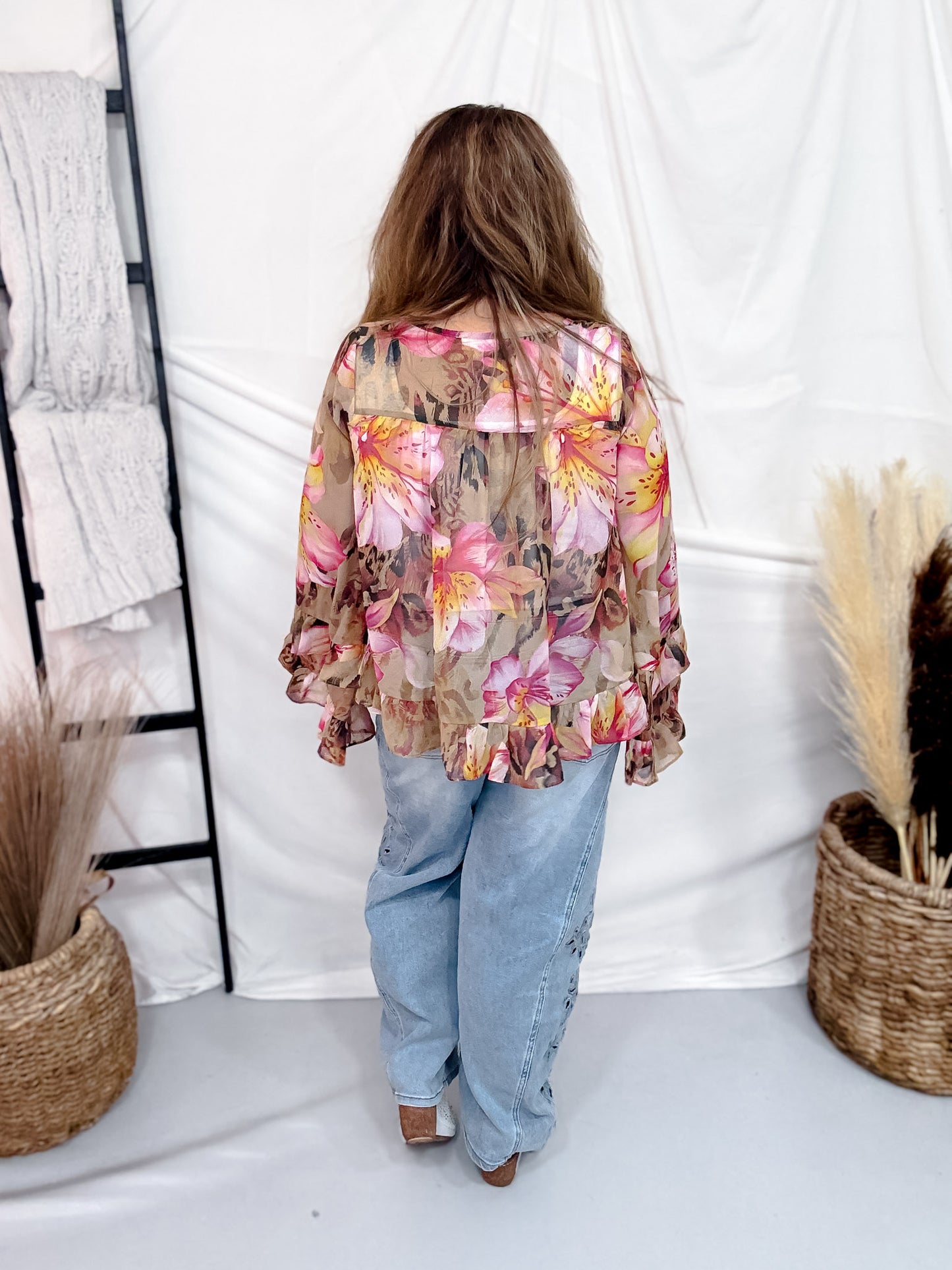 Button Front Floral Leopard Print Blouse