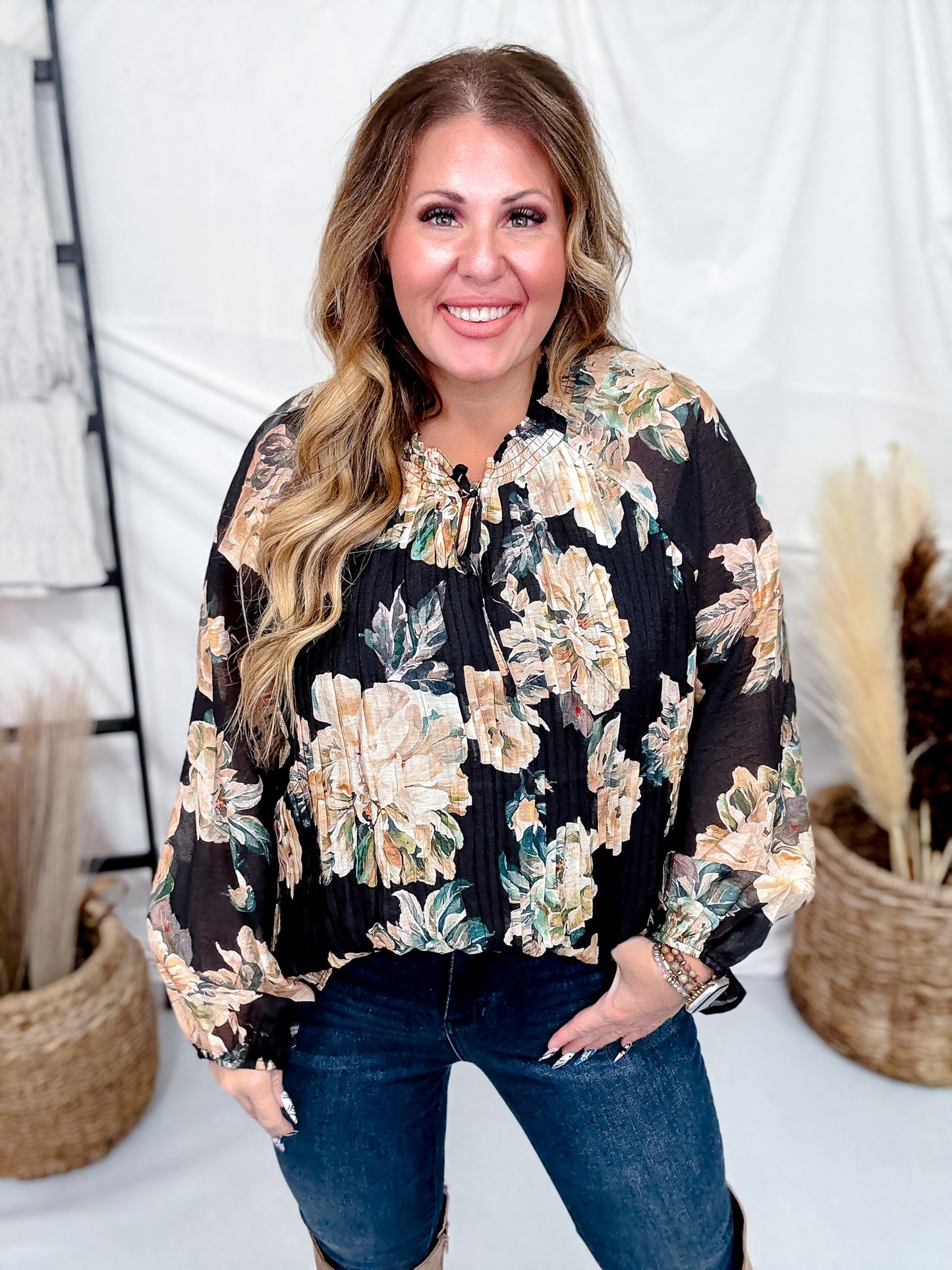 Black Pleated Floral Tie Neck Blouse