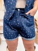 Floral Denim Cuffed Shorts With Pleats