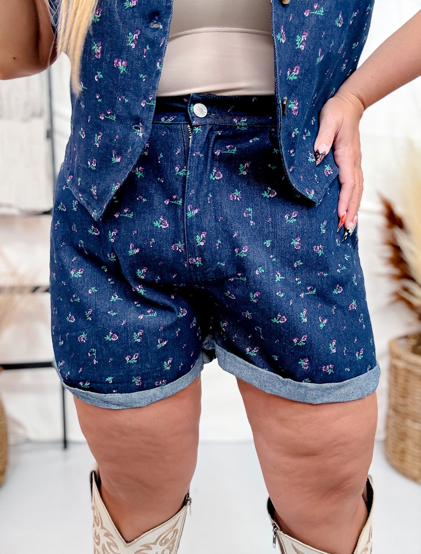 Floral Denim Cuffed Shorts With Pleats