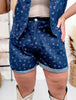 Floral Denim Cuffed Shorts With Pleats