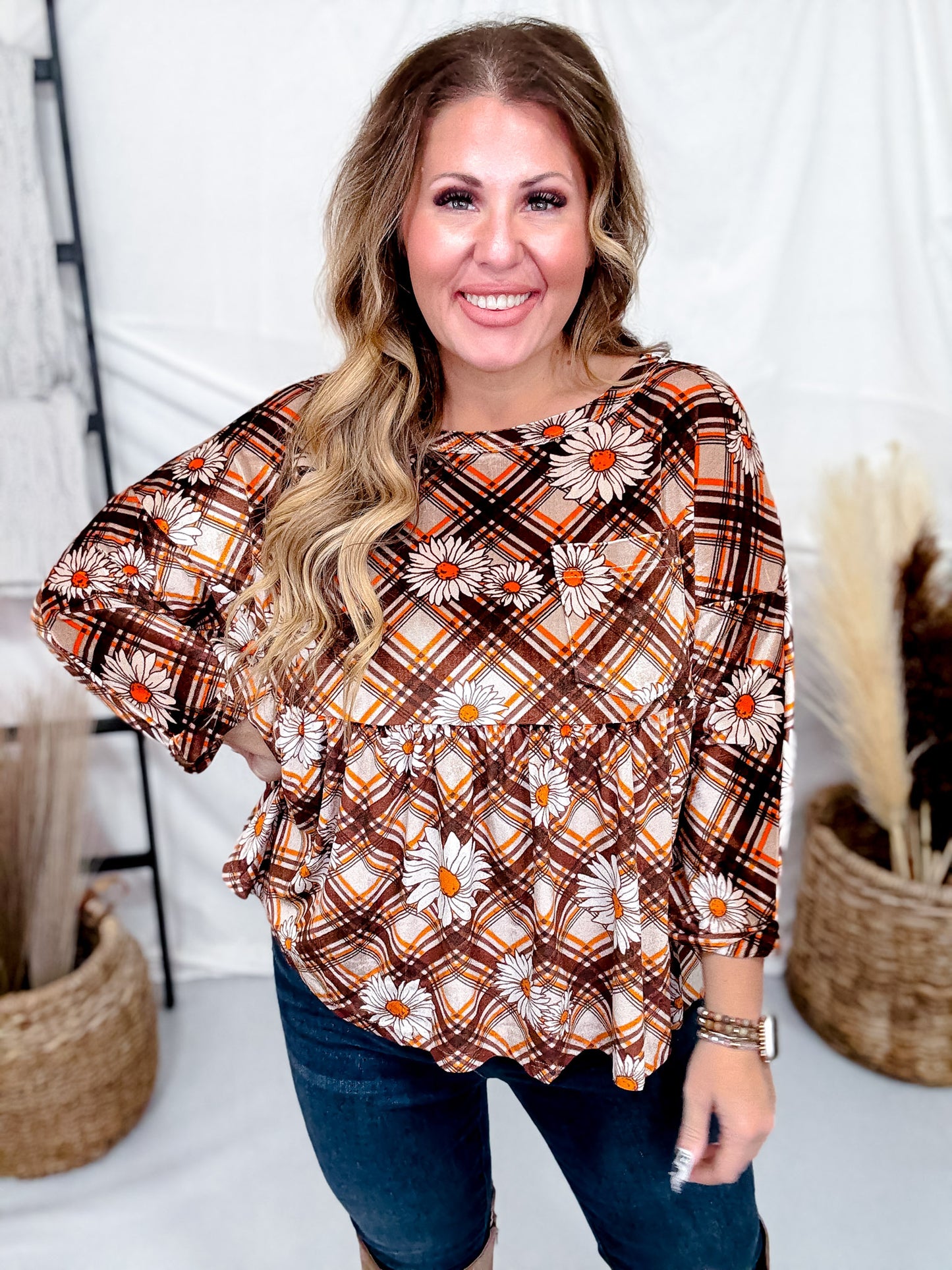 Brown Plaid & Daisy Print Velvet Babydoll Tunic